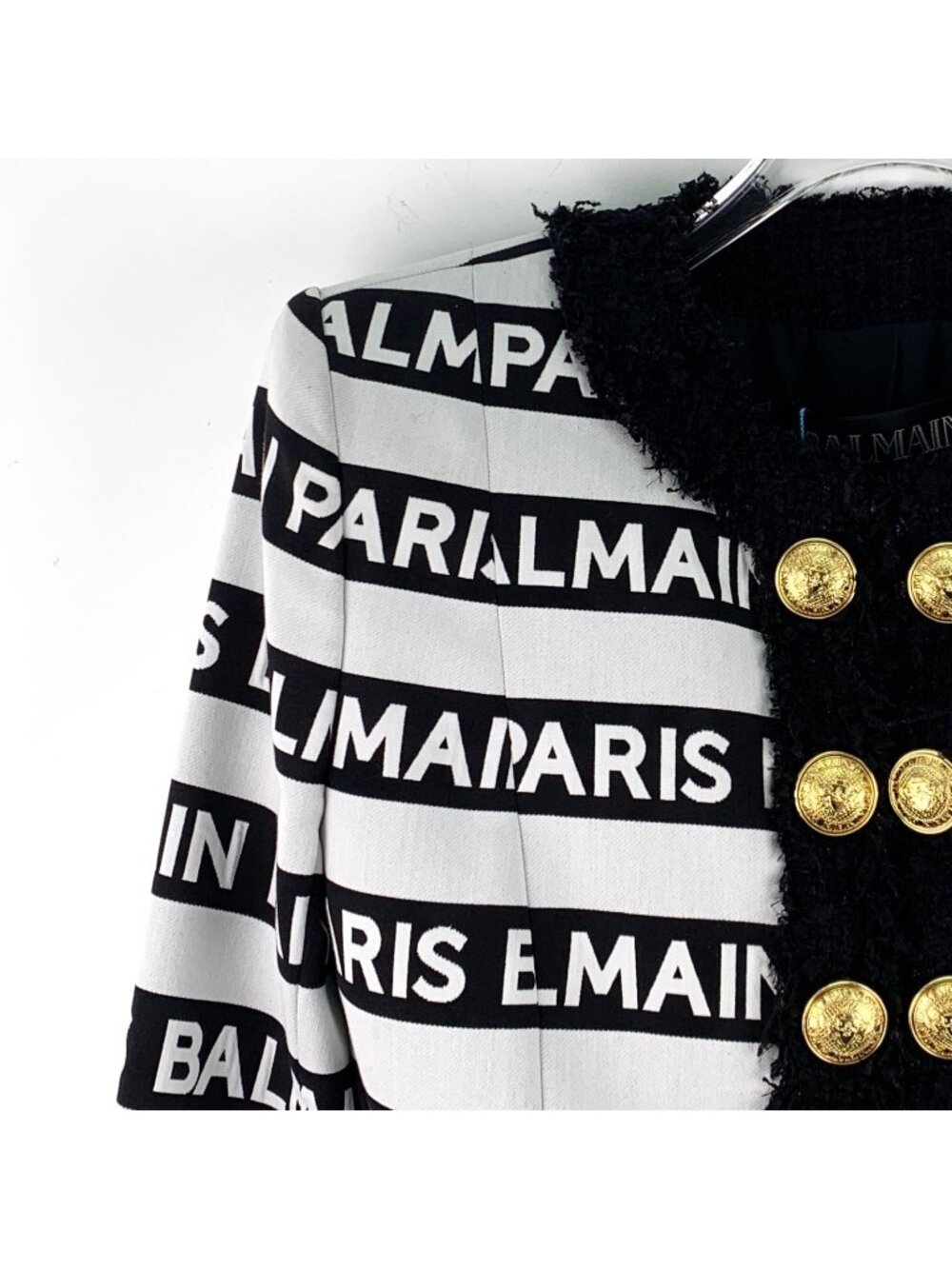 Balmain White Striped Logo Print Double-Breasted Cotton Jacket - Picture 3 of 7